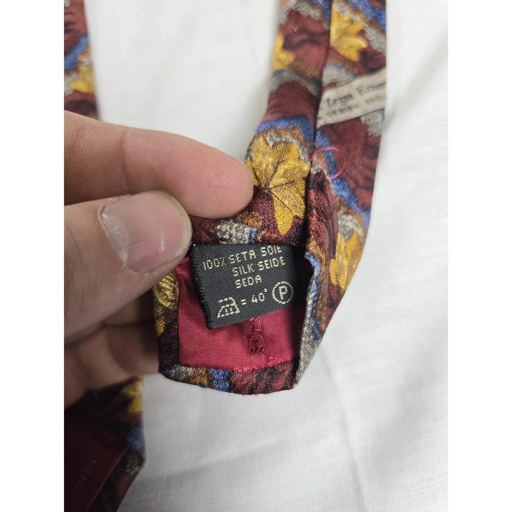 Ermenegildo Zegna Tie Mens One‎ Size Red Gold Silk Floral Zigzag Made Italy